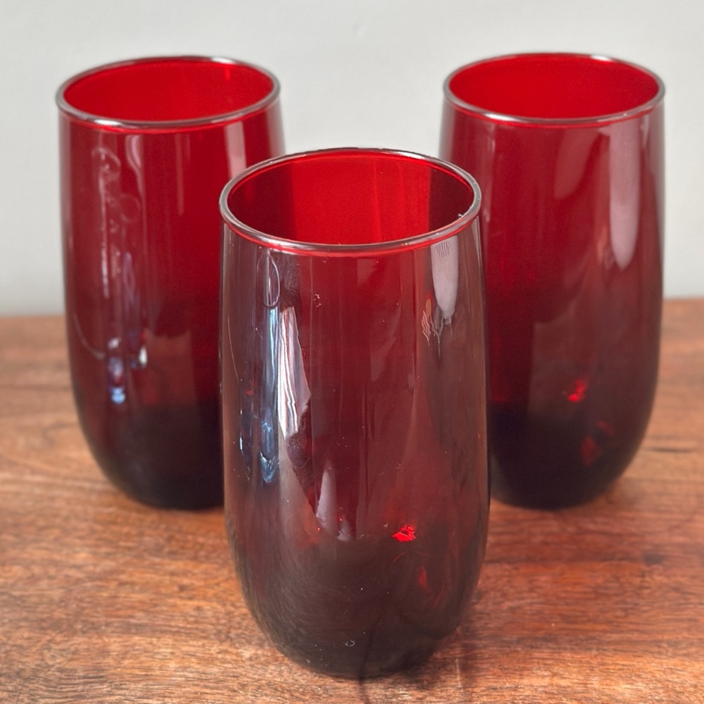 Vintage Hand Blown Tumbler Glasses Ruby Red Set of 3 Mid Century Modern MCM 70s - Picture 2 of 8